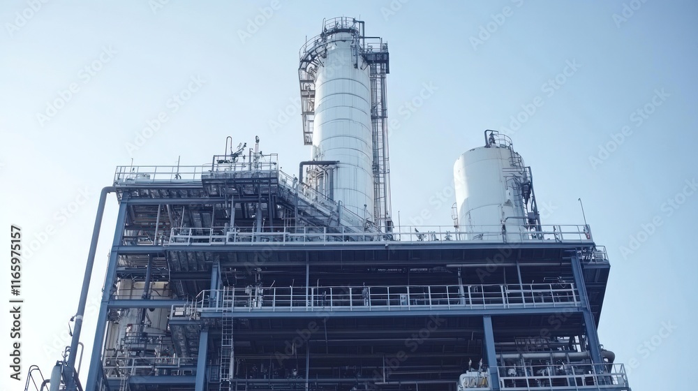 Fototapeta premium Large industrial site features prominent smokestacks and structural frameworks reaching skyward