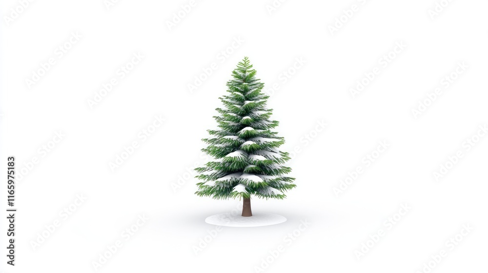 Fototapeta premium Snow-covered evergreen tree on white background.