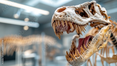 The highlighted T-Rex jaw on display draws viewers in, showcasing the long teeth and robust structure, inviting admiration and curiosity about its past. photo