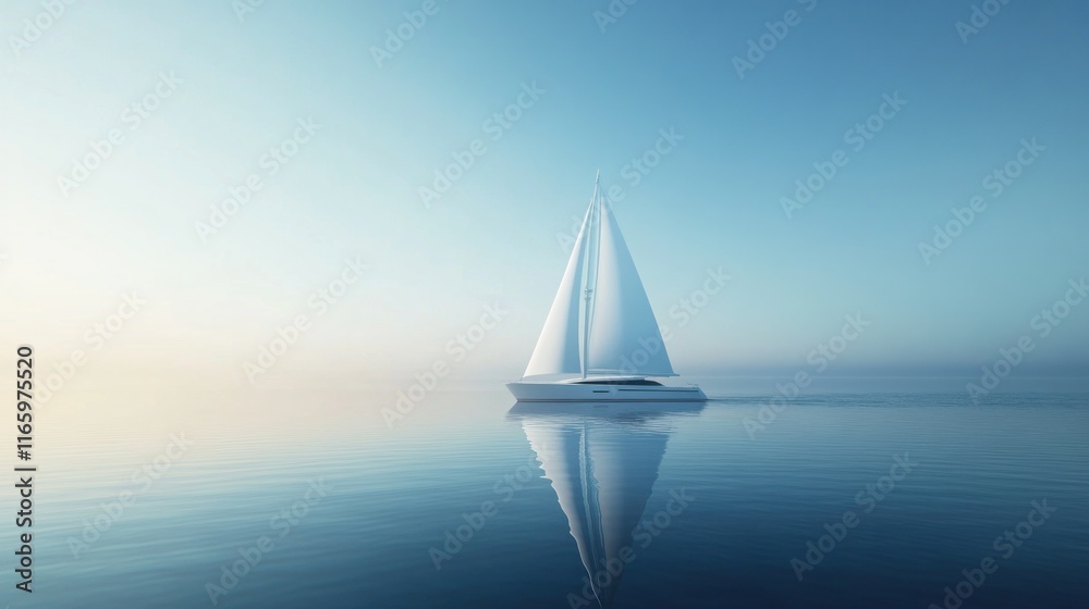 Obraz premium Solitary sailboat on calm ocean at sunrise, reflecting on tranquil water.