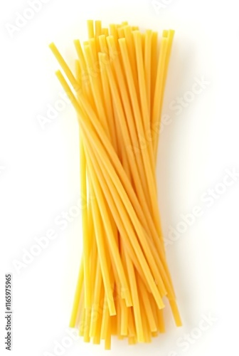 A small, untied bundle of uncooked spaghetti on a white background.