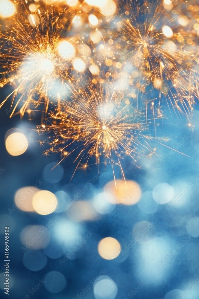 Fototapeta premium Festive blue background with fireworks, lights, and golden bokeh, sparkling particles in a cheerful atmosphere.
