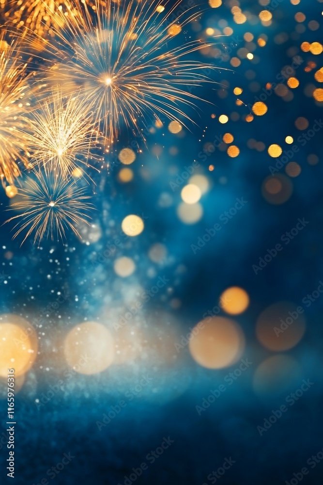 Fototapeta premium Festive blue background with fireworks, lights, and golden bokeh, sparkling particles in a cheerful atmosphere.