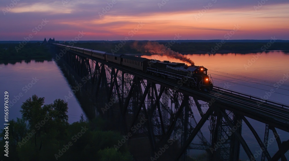 Obraz premium Steam train crossing river bridge at sunset.
