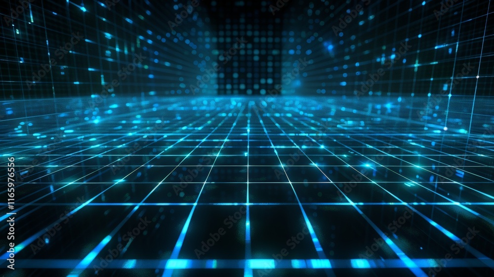 Digital grid floor extending towards glowing horizon in virtual reality space, perfect for technology and futuristic concepts Digital grid floor extending towards glowing horizon in virtual reality space, perfect for technology and futuristic concepts