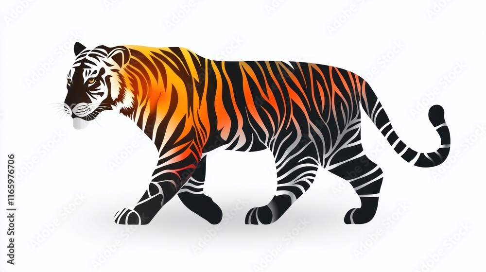 Obraz premium Stylized tiger walking, orange and black design.