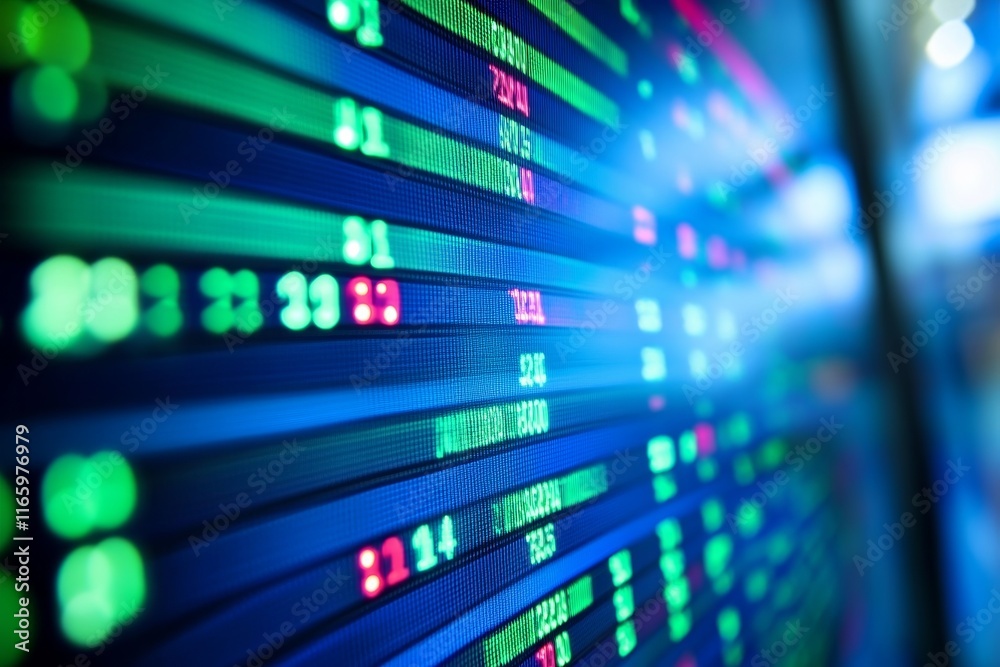 Close-up of stock market screen with green and red numbers on a blue background for B2B advertising.
Close-up of stock market screen with green and red numbers on a blue background for B2B advertising.