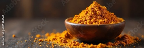 Dark brown wood bowl overflowing with warm garam masala powder , indian, detail, spicy