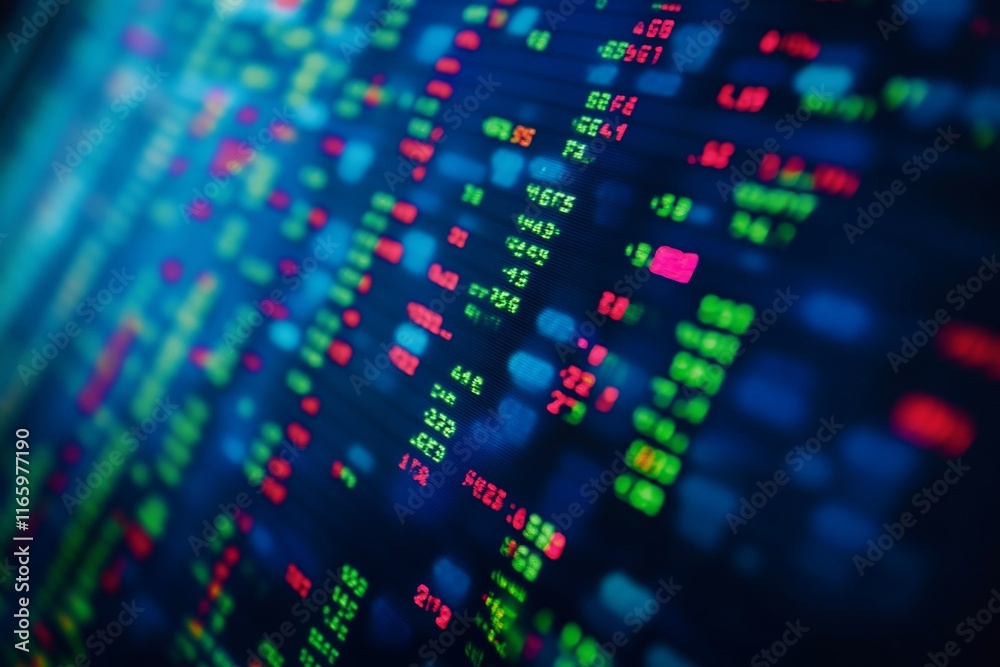 Close-up of stock market screen with green and red numbers on a blue background for B2B advertising.
Close-up of stock market screen with green and red numbers on a blue background for B2B advertising.