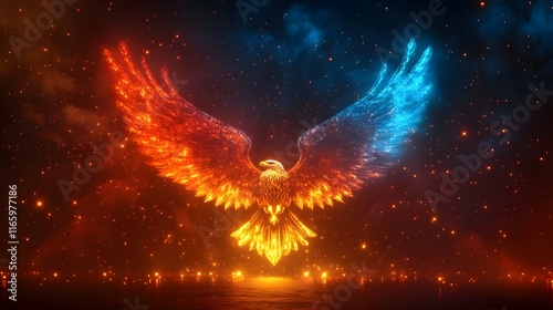 Majestic Mythical Phoenix Spreading Fiery Wings in Cosmic Nebula photo