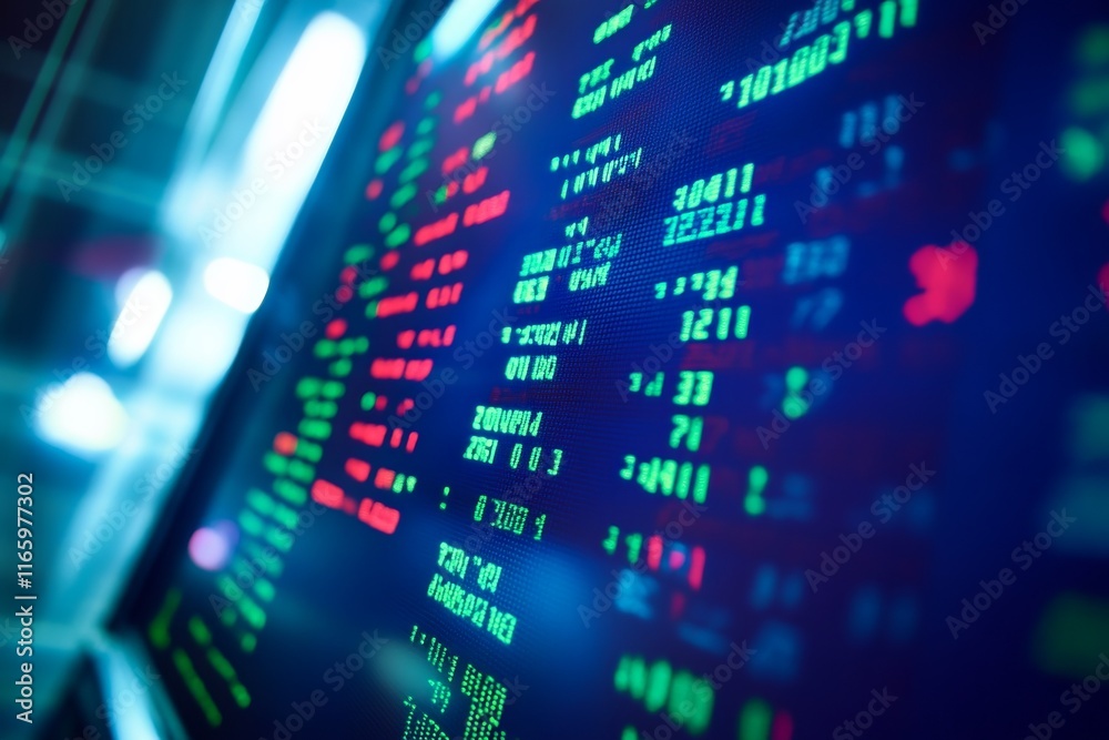 Close-up of stock market screen with green and red numbers on a blue background for B2B advertising.
Close-up of stock market screen with green and red numbers on a blue background for B2B advertising.