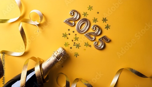 Happy New Year 2025 Gold Lettering with ribbon.
