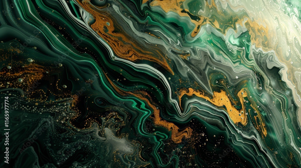 Naklejka premium Fluid art texture illustrating a mesmerizing blend of emerald green and gold, forming a dynamic wavy pattern, ideal for luxurious backgrounds and wallpapers
