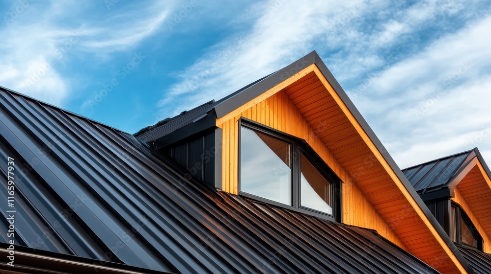 A striking view of a modern roof structure featuring warm wooden accents contrasted against sleek metal, perfectly framed by a beautiful sky. A striking view of a modern roof structure featuring warm wooden accents contrasted against sleek metal, perfectly framed by a beautiful sky.