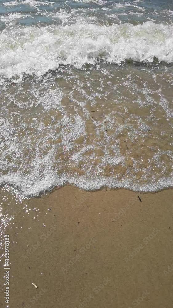 Barefoot walk on sunny beach as gentle waves meet the shoreline. Barefoot walk on sunny beach as gentle waves meet the shoreline.