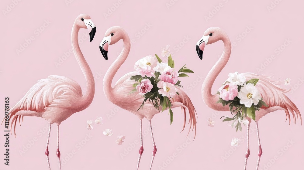 Naklejka premium Three pink flamingos adorned with pink peonies on a pink background.
