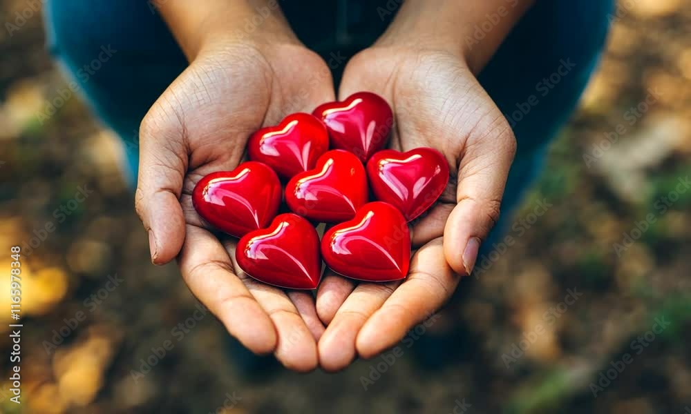 Hands holding red heart-shaped objects, symbolizing love and care. Hands holding red heart-shaped objects, symbolizing love and care.