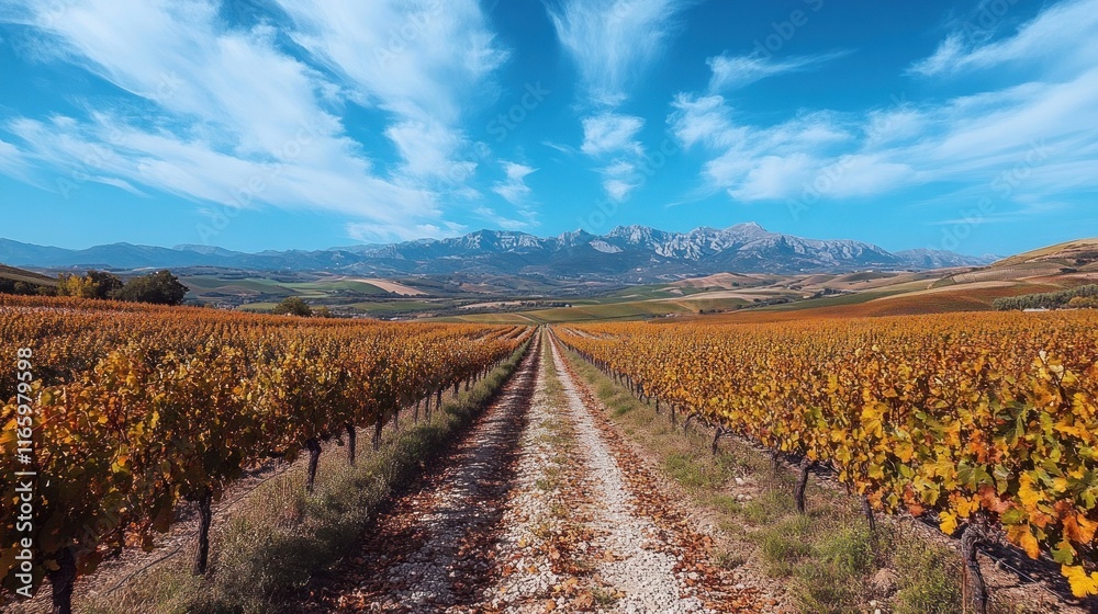 Naklejka premium Autumn vineyard landscape with mountain backdrop and dirt road.