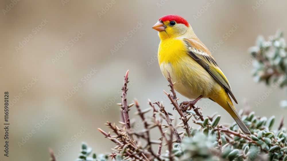 A Goldfinch perched on thorns in a bushy area A Goldfinch perched on thorns in a bushy area