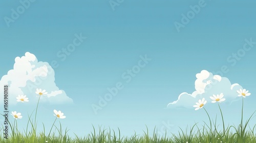 Bright Sunny Spring Day with Fluffy Clouds and Green Grass Underneath a Blue Sky