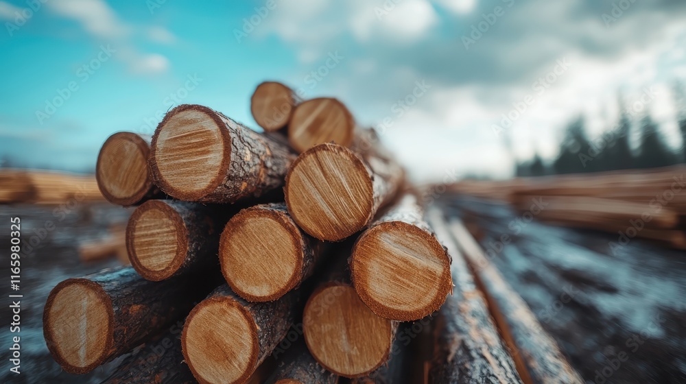 This image captures a well-organized outdoor stack of timber logs under a blue sky, highlighting nature's resource and the essence of wood processing and storage. This image captures a well-organized outdoor stack of timber logs under a blue sky, highlighting nature's resource and the essence of wood processing and storage.