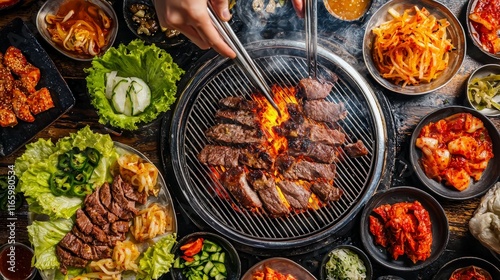 Overhead view of sizzling Korean BBQ, various side dishes, chopsticks.