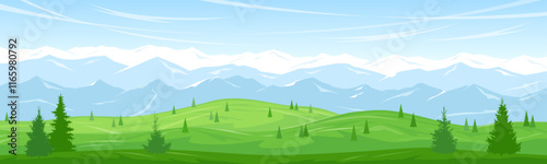 Panoramic view of the green valley and high mountains. Summer natural landscape. Hills and meadows with trees, mountain ranges in the distance. Picturesque countryside. Vector image.