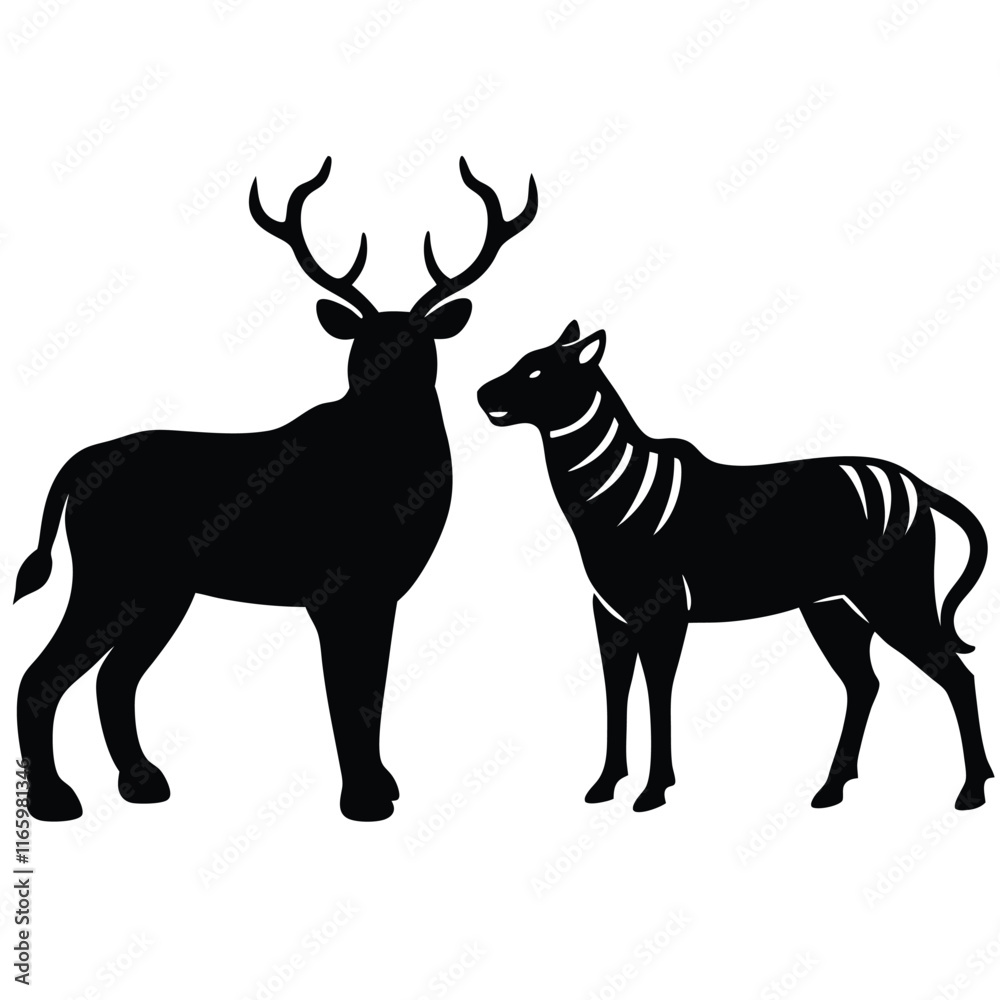 Vector silhouette of a majestic deer and a tiger standing side by side Vector silhouette of a majestic deer and a tiger standing side by side