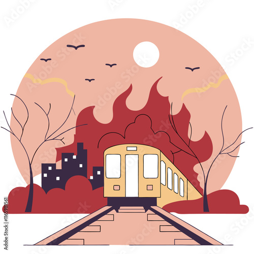 Dramatic Burning Subway Train Intense Flames and Smoke Emergency