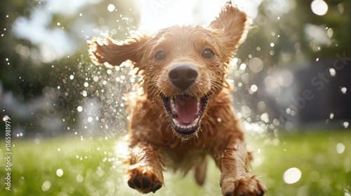Wallpaper Mural A spirited dog leaps through droplets of water in the summer sunlight, perfectly encapsulating the joy and freedom of outdoor play and the bond with pets. Torontodigital.ca