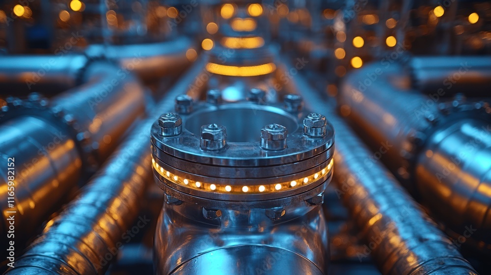 Industrial pipes with glowing elements in a factory. Industrial pipes with glowing elements in a factory.