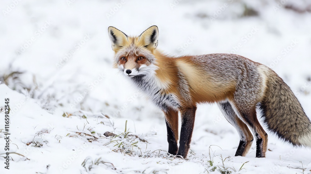 Red fox standing in snowy landscape. (2) Red fox standing in snowy landscape. (2)
