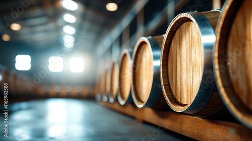 A beautifully lit warehouse showcases barrels arranged in a row, highlighting rustic charm and craftsmanship in a serene, ambient environment perfect for storage or aging. photo