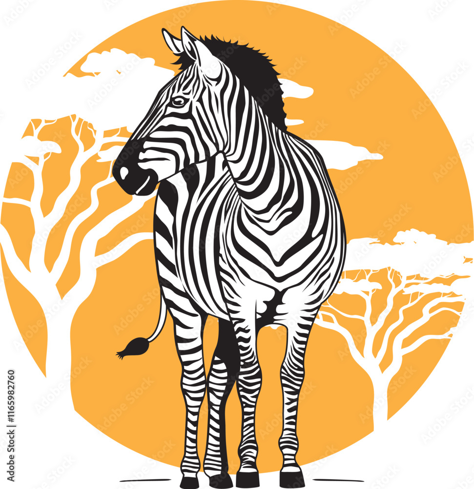 Fototapeta premium Illustration of a zebra under the sun in the African savannah. Ideal for educational and cultural materials