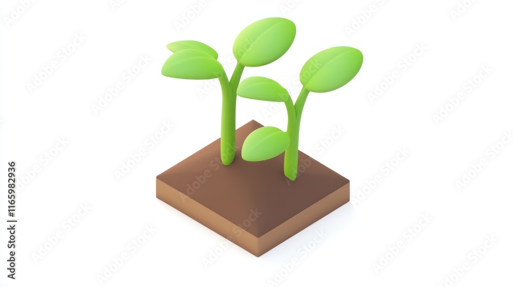 Two young green plants sprouting from brown soil, isometric view. Two young green plants sprouting from brown soil, isometric view.