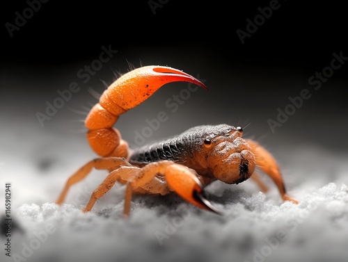 Extreme close up of a venomous scorpion s sting exuding alarm pheromones to warn off larger threats shot in high contrast black and white with a gritty photo