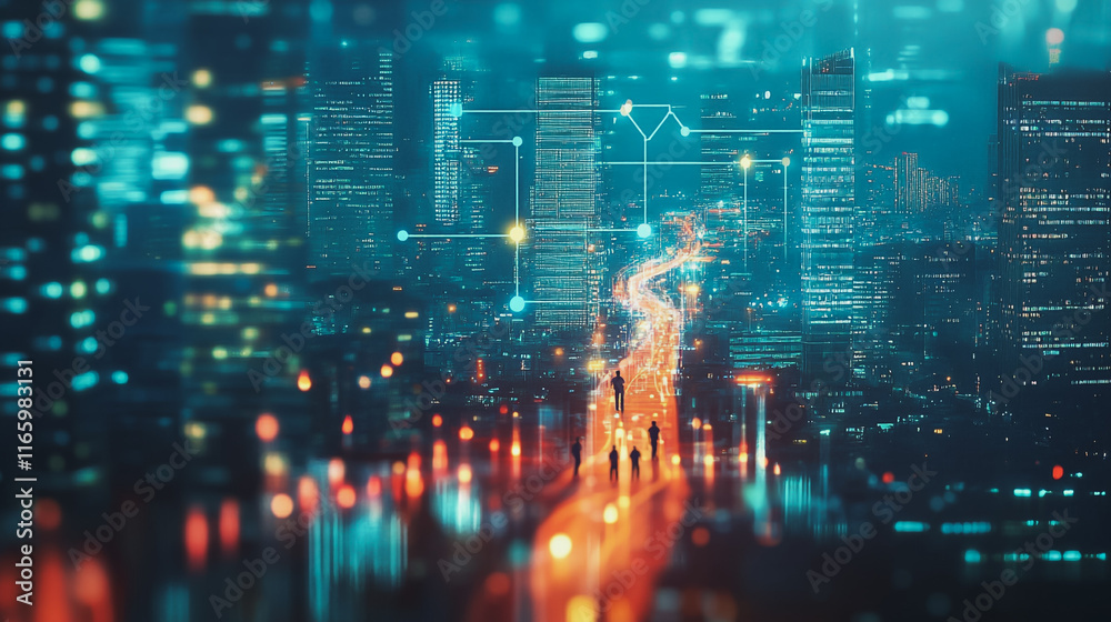 Abstract business team stands on the peak of success amid tall, innovative Smart city and graphs with statistics to analyze business potential and predict future developments in company growth. Abstract business team stands on the peak of success amid tall, innovative Smart city and graphs with statistics to analyze business potential and predict future developments in company growth.