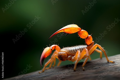 Dramatic macro close up shot of a scorpion s segmented tail the barbed stinger flexing and preparing to unleash a defensive venom photo