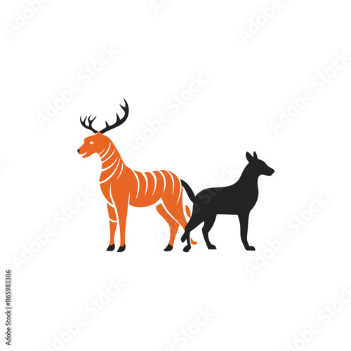 Vector silhouette of a majestic deer and a tiger standing side by side