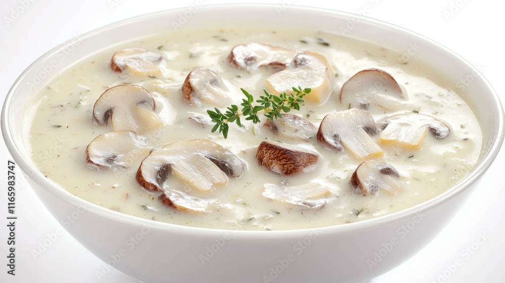 Creamy mushroom soup garnished with herbs in a white bowl. Creamy mushroom soup garnished with herbs in a white bowl.