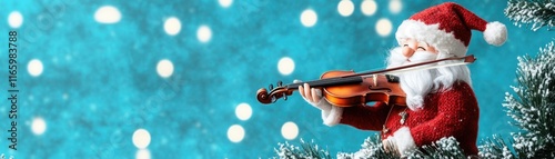 Santa Claus Playing Violin Against a Festive Blue Background with Twinkling Lights and Snowy Decor, Perfect for Christmas Celebrations and Holiday Cheer