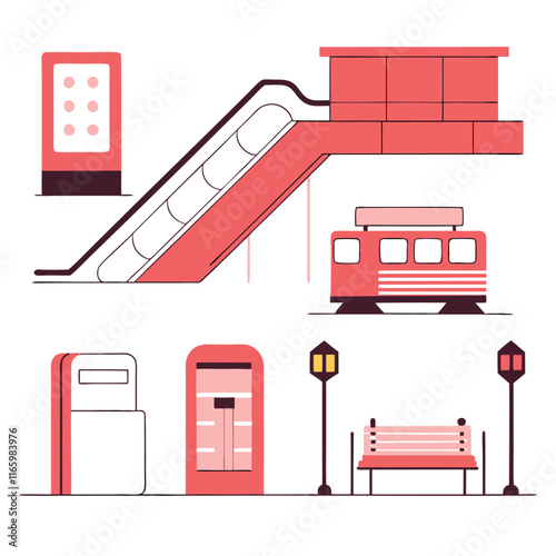 Isometric Subway Station Elements: Red and White Design Assets