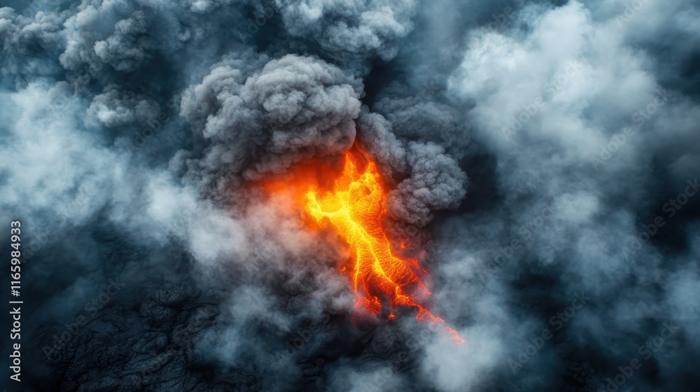 An aerial view of a volcanic eruption surrounded by dense dark clouds, evoking a sense of awe and the undeniable force of nature in this captivating moment. An aerial view of a volcanic eruption surrounded by dense dark clouds, evoking a sense of awe and the undeniable force of nature in this captivating moment.