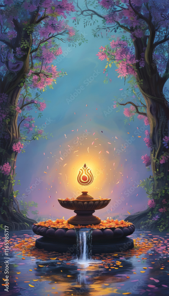 Great Night of Lord Shiva Podium, Empty product display podium, Sacred lingam glow, glowing Shiva Lingam, flower petals, stream of flowing water, ad, podium platform, product presentation space Great Night of Lord Shiva Podium, Empty product display podium, Sacred lingam glow, glowing Shiva Lingam, flower petals, stream of flowing water, ad, podium platform, product presentation space