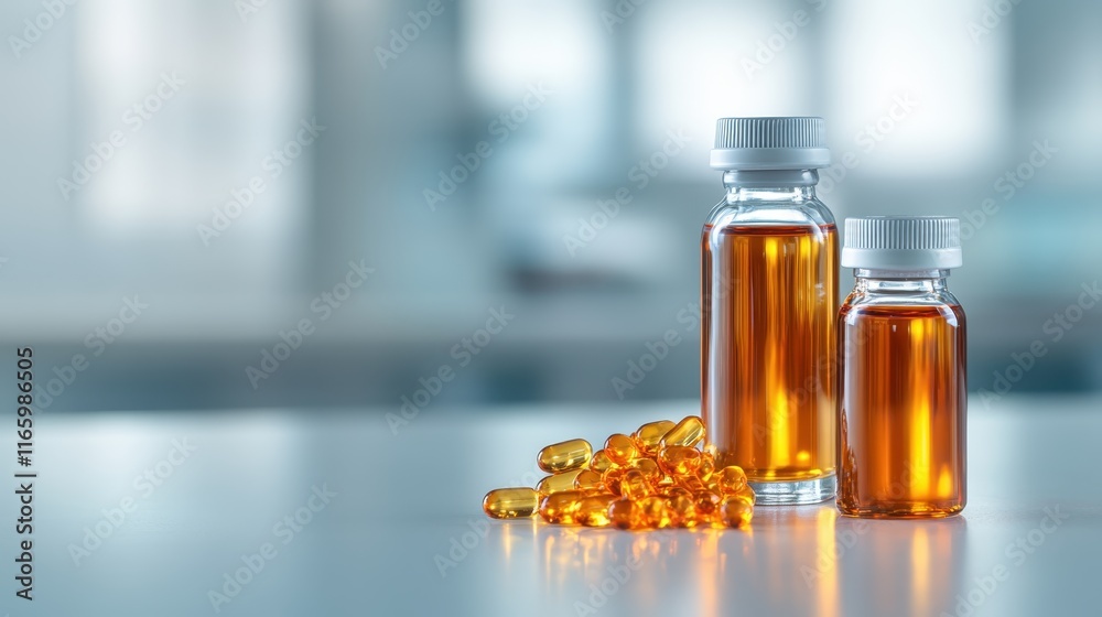 An intriguing arrangement of glass vials with golden liquid and capsules scattered beside them, representing advancements in health supplements and the significance of self-care. An intriguing arrangement of glass vials with golden liquid and capsules scattered beside them, representing advancements in health supplements and the significance of self-care.