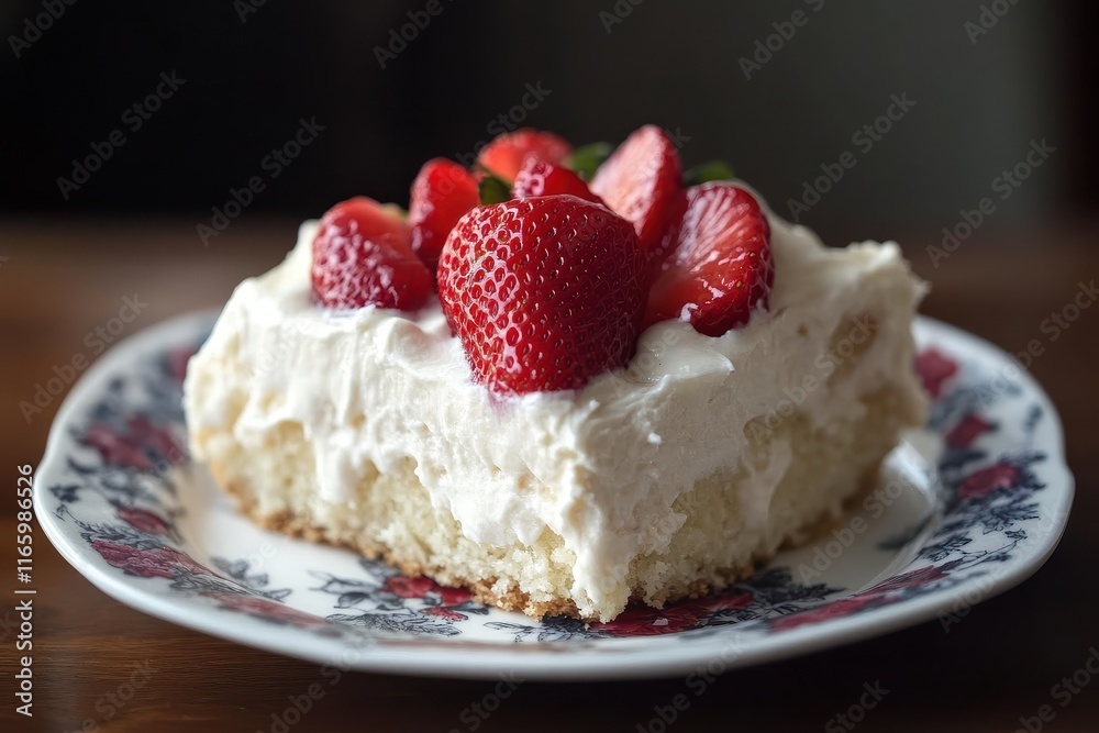 Delicious strawberry shortcake on a decorative plate ready to be enjoyed in a cozy setting Delicious strawberry shortcake on a decorative plate ready to be enjoyed in a cozy setting