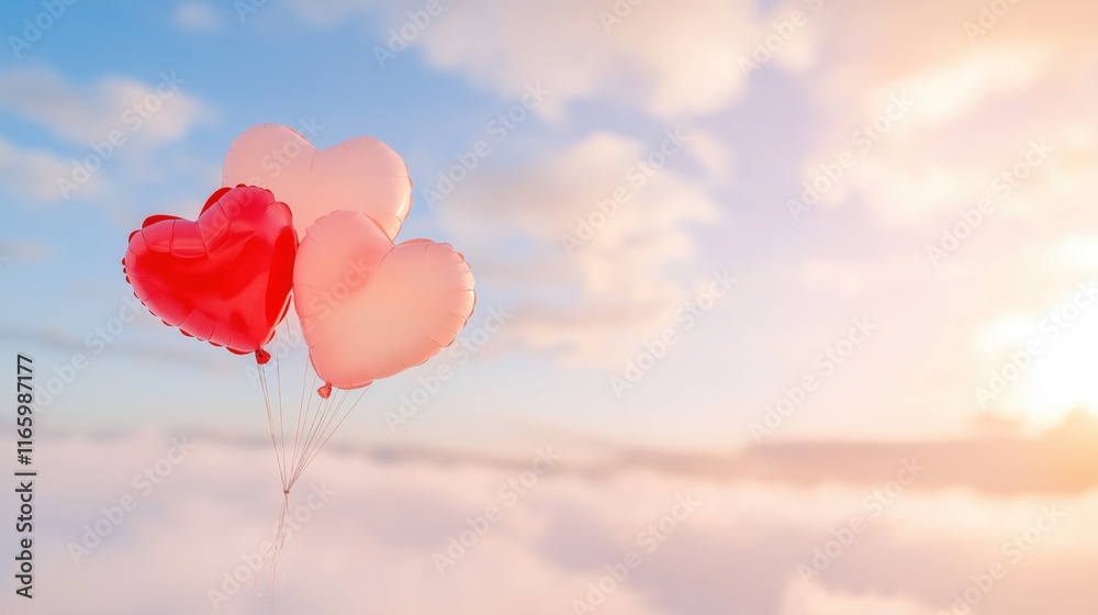Obraz premium Three heart-shaped balloons float against a dreamy sky, evoking love and joy in a serene atmosphere.