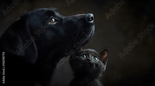 A black dog and cat, with the kitten's head resting on its mother's shoulder, looking up at her in awe