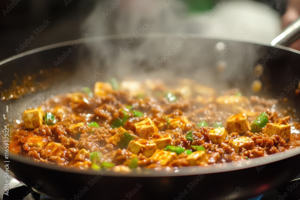 Sizzling hot tofu stir-fry with minced meat and vegetables in a pan Sizzling hot tofu stir-fry with minced meat and vegetables in a pan