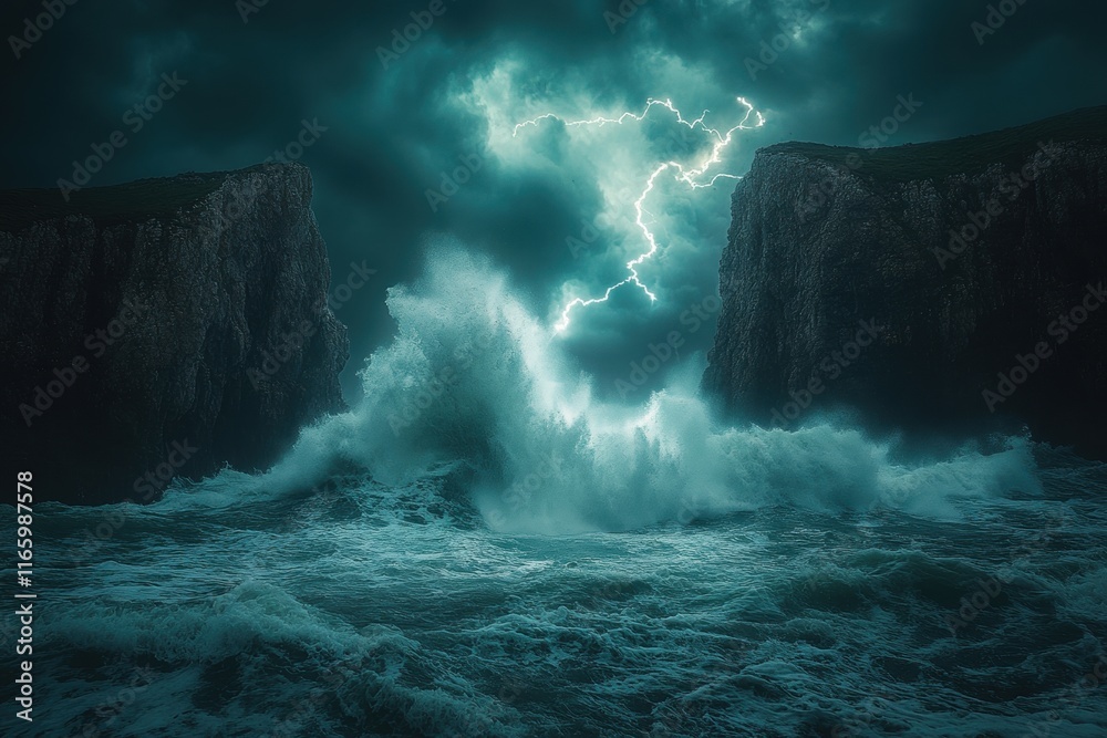 Stormy ocean with a large wave crashing into a rocky shore